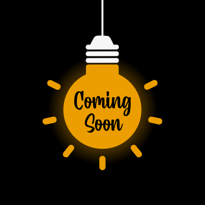 Yellow light bulb with text that says "coming soon" on it.